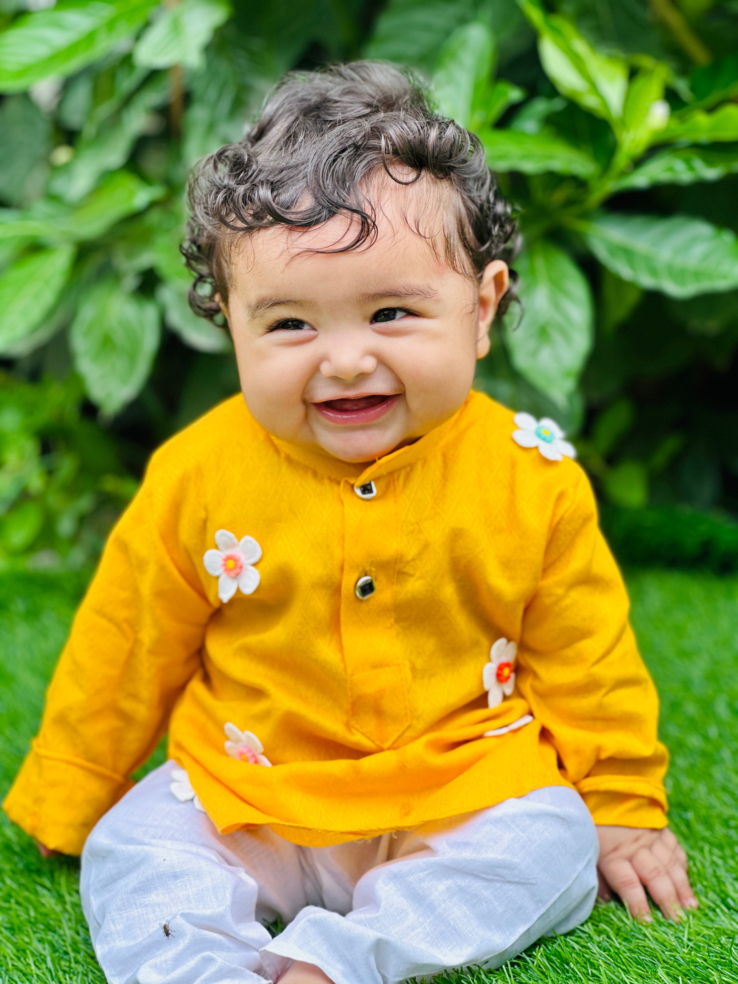 Boys Yellow Cotton Ethnic Wear Kurta Pyjama Set for NewBorn Toddler 0 BabyNjungle